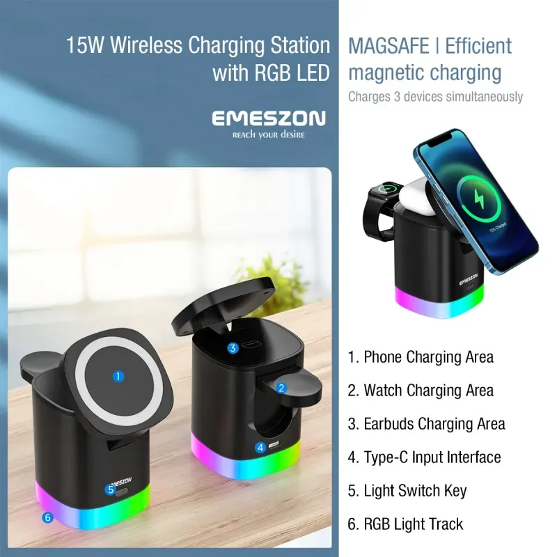 Laptop, Telefoane si Tablete - Telefoane mobile si accesorii - Accesorii Telefoane - Incarcatoare telefoane - Statie Incarcare Wireless Magsafe 15W RGB ET15, Emeszon®, Compatibil cu iPhone, AirPords, Apple Watch, Samsung, Negru - Infinity.ro