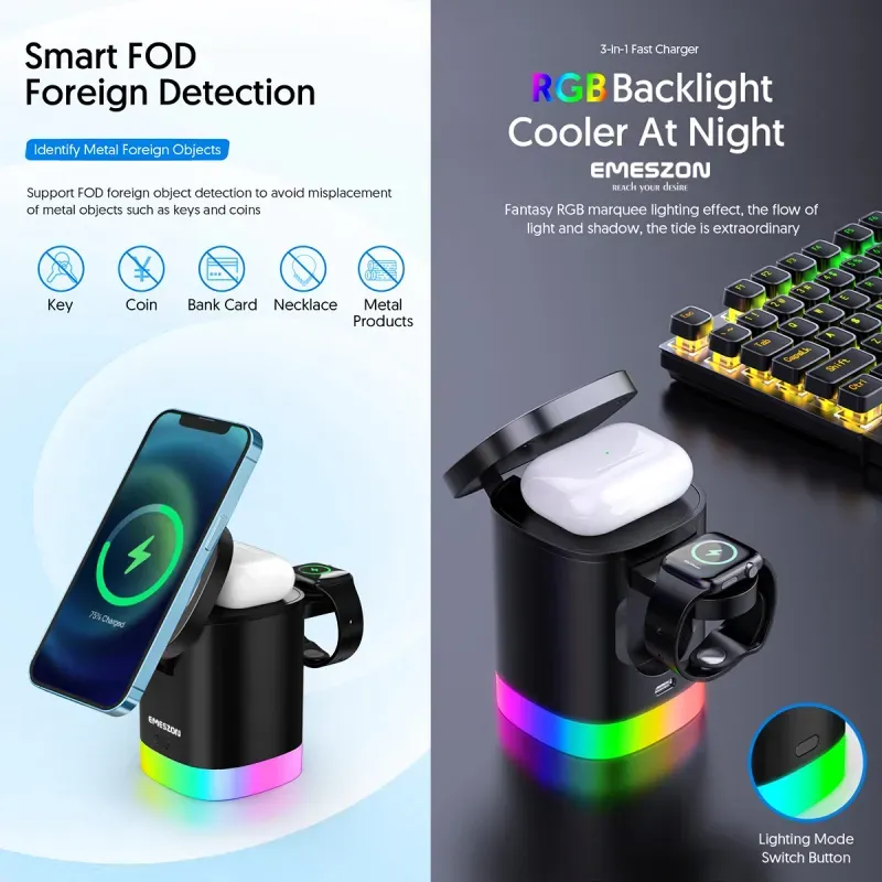 Laptop, Telefoane si Tablete - Telefoane mobile si accesorii - Accesorii Telefoane - Incarcatoare telefoane - Statie Incarcare Wireless Magsafe 15W RGB ET15, Emeszon®, Compatibil cu iPhone, AirPords, Apple Watch, Samsung, Negru - Infinity.ro