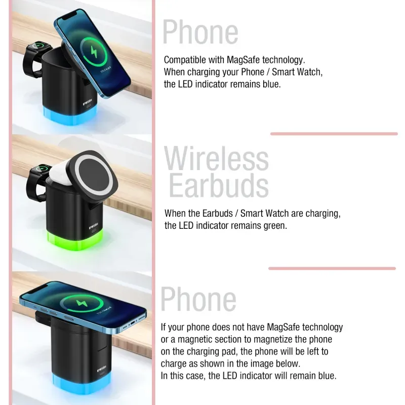 Laptop, Telefoane si Tablete - Telefoane mobile si accesorii - Accesorii Telefoane - Incarcatoare telefoane - Statie Incarcare Wireless Magsafe 15W RGB ET15, Emeszon®, Compatibil cu iPhone, AirPords, Apple Watch, Samsung, Negru - Infinity.ro