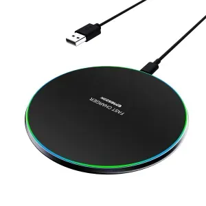 Incarcator Wireless 15W Fast Charge Qi W1, Emeszon®, Circle LED, Ultraslim, compatibil cu iPhone, Samsung, Xiaomi, Negru