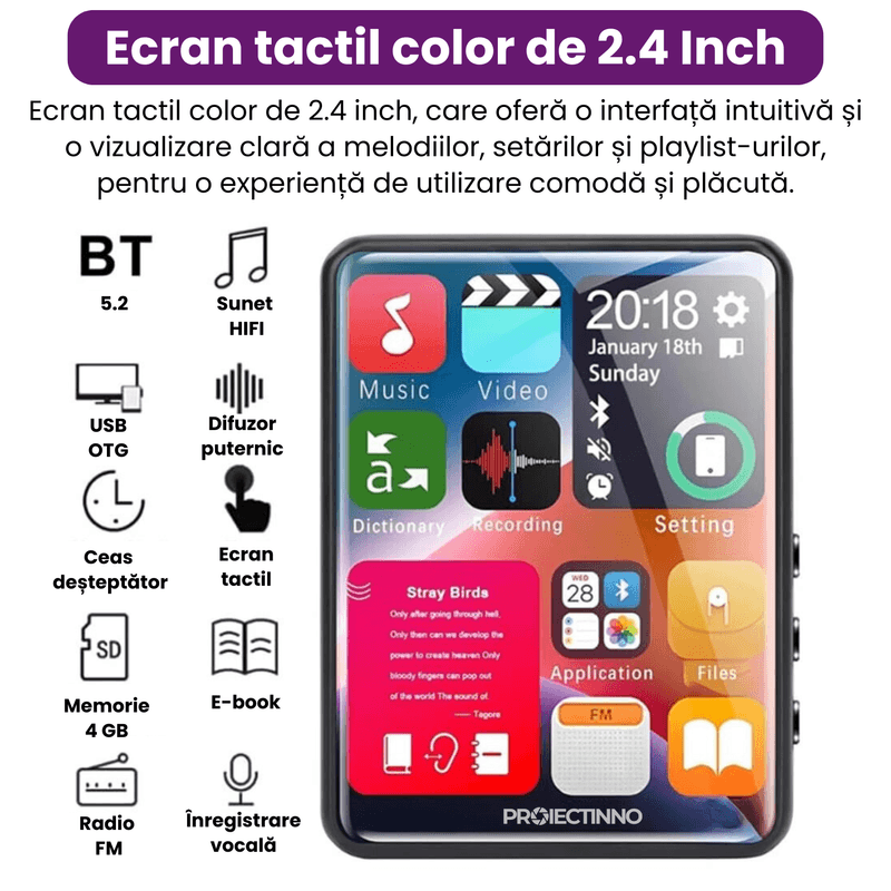 TV, Audio-Video si Foto - Portabile audio - Media Playere - Player MP3/MP4/E-Book cu touchscreen, Proiectinno, X6, 4GB, ecran 2.4 inch, Bluetooth 5.0, sunet HIFI, autonomie 40 ore - Infinity.ro