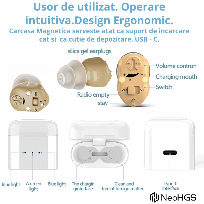 Ingrijire personala si Cosmetice - Sanatate si wellness - Aparate medicale - Aparate auditive - Aparat Auditiv Digital x2 NeoHGS, Sunet Clar, Incarcare Rapida 1.5 Ore, Operare Simpla, Afisaj Nivel Baterie - Infinity.ro