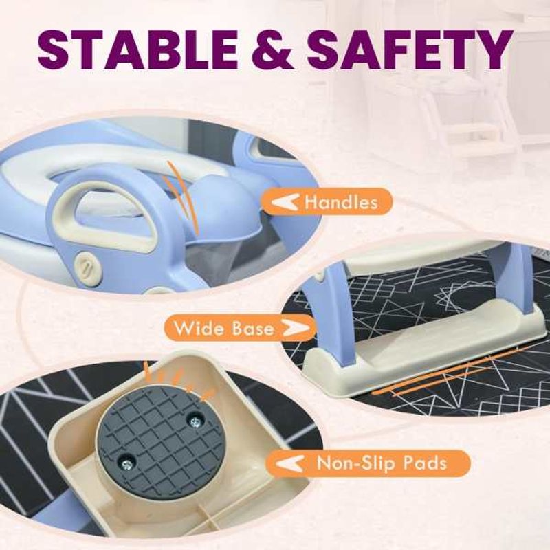 Jucarii, Copii si Bebe - Igiena si ingrijire - Baia bebelusului - Olite si reductoare WC - Reductor Pliabil, Trepte Anti-Derapante, Inaltator pentru WC, Perna Moale Impermeabila, 67.9 x 42.8 x 51.5 cm, Albastru - Infinity.ro