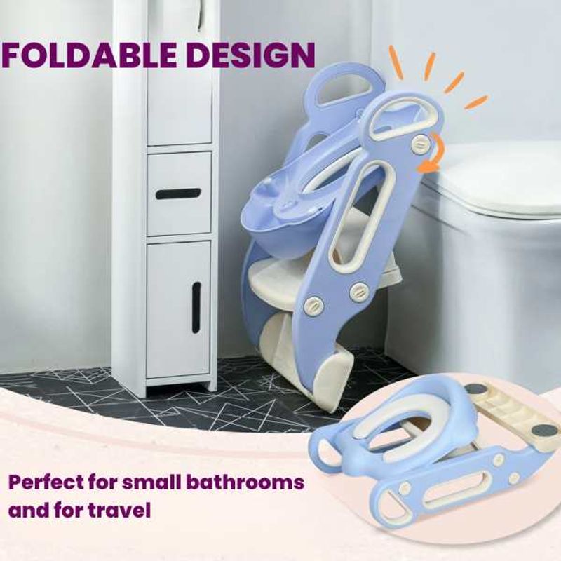 Jucarii, Copii si Bebe - Igiena si ingrijire - Baia bebelusului - Olite si reductoare WC - Reductor Pliabil, Trepte Anti-Derapante, Inaltator pentru WC, Perna Moale Impermeabila, 67.9 x 42.8 x 51.5 cm, Albastru - Infinity.ro