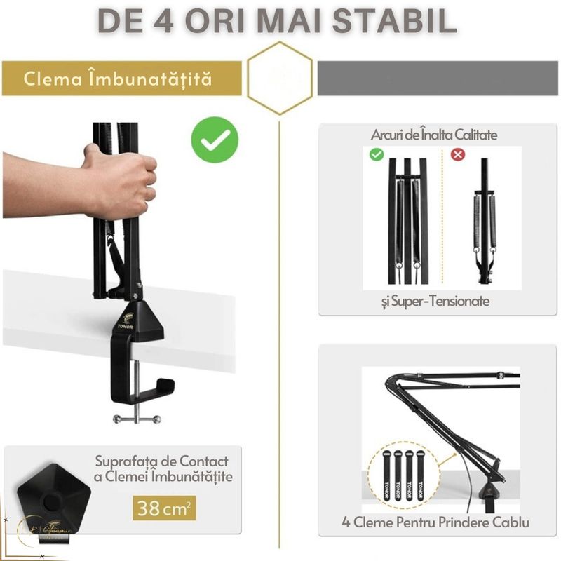 TV, Audio-Video si Foto - Audio profesionale - Stative - Stativ Microfon Profesional cu Filtru Pop, Tonor T30, Reglabil 360°, Filet 3/8''-5/8'', Sustine 2kg, Metal, Negru - Infinity.ro