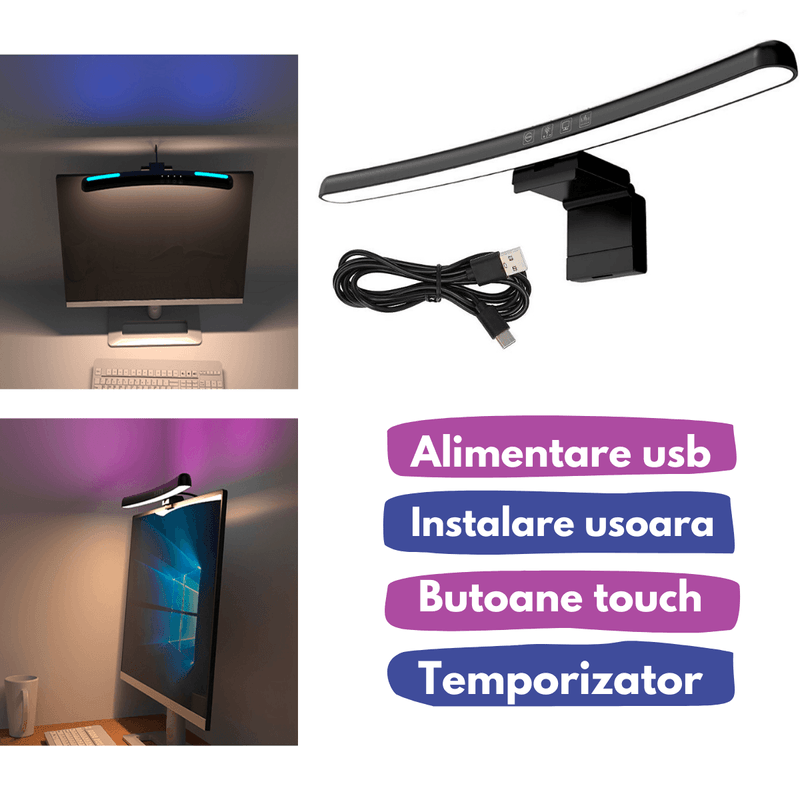 Casa si Gradina - Corpuri si surse de iluminat - Veioze si lampi - Veioze - Lampa LED pentru monitor curbat, lumina RGB Gaming, protectie a ochilor, Reglabila cu 7 culori, touch control, 40 CM - Infinity.ro