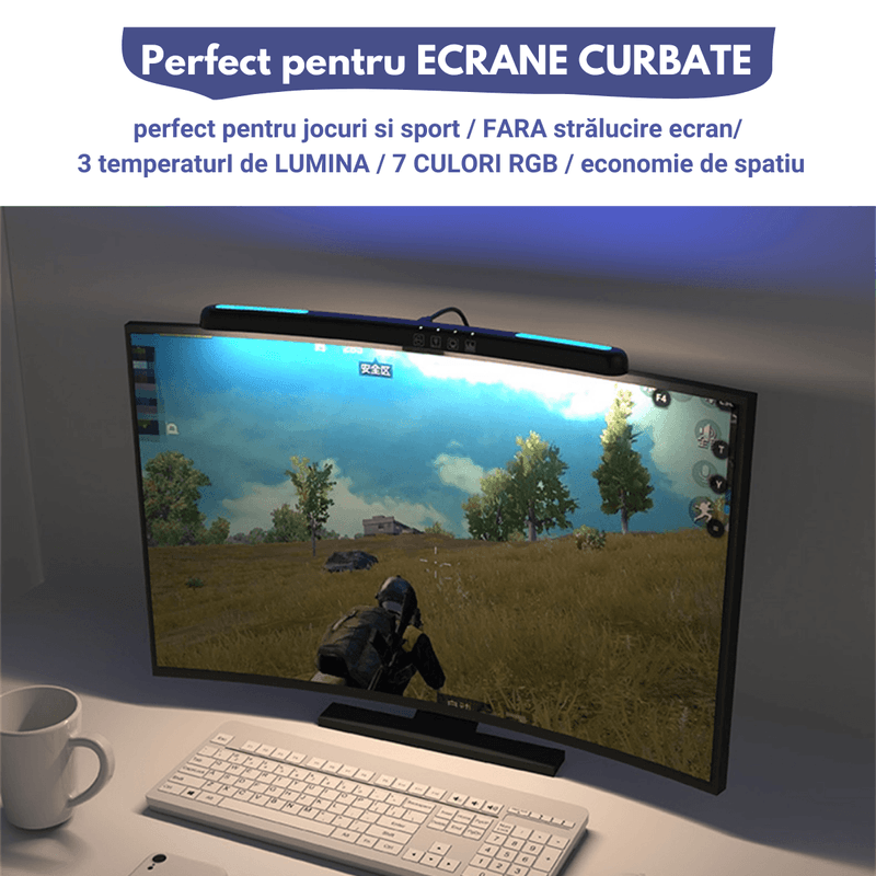 Casa si Gradina - Corpuri si surse de iluminat - Veioze si lampi - Veioze - Lampa LED pentru monitor curbat, lumina RGB Gaming, protectie a ochilor, Reglabila cu 7 culori, touch control, 40 CM - Infinity.ro