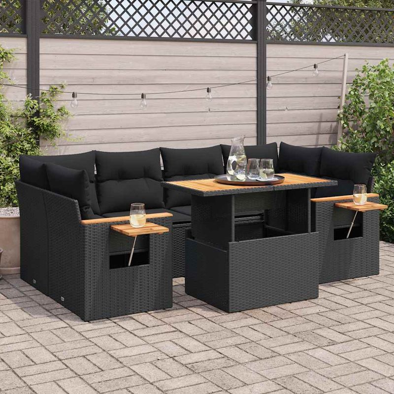 Casa si Gradina - Gradina si terasa - Mobilier exterior - Seturi mobila gradina - Set canapele gradina perne 7 piese negru, poliratan/lemn acacia - Infinity.ro
