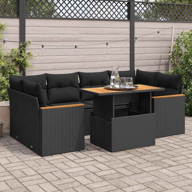 Casa si Gradina - Gradina si terasa - Mobilier exterior - Seturi mobila gradina - Set mobilier gradina perne 6 piese negru poliratan/lemn acacia - Infinity.ro