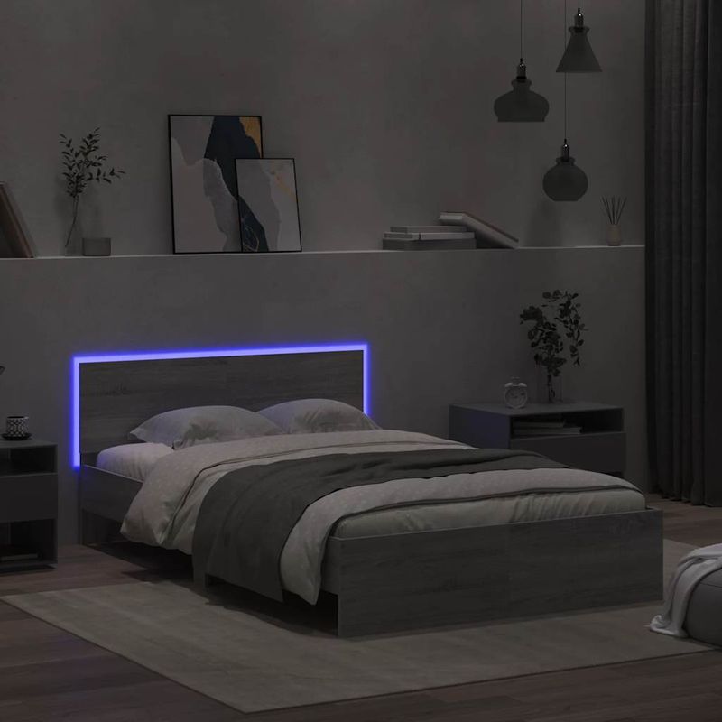 Casa si Gradina - Mobilier - Paturi si accesorii - Paturi - Cadru de pat cu tablie si LED, gri sonoma, 135x190 cm - Infinity.ro