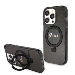 Husa pentru iPhone 15 Pro Max - Guess Ring Stand Script Glitter MagSafe (GUHMP15XHRSGSK) - Negru