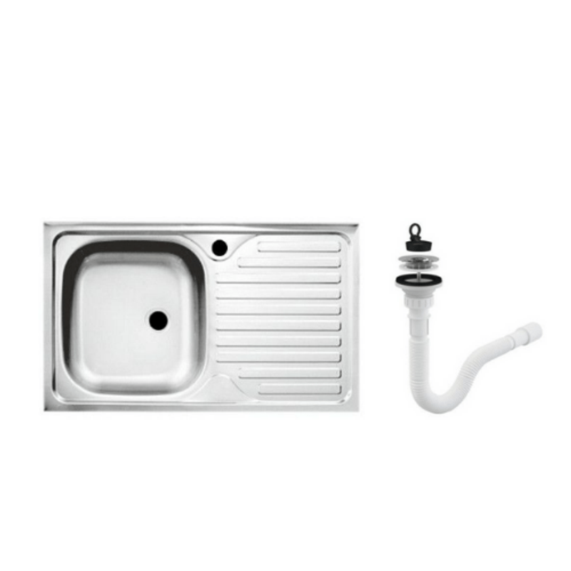 Casa si Gradina - Sanitare - Chiuveta bucatarie si accesorii - Chiuvete bucatarie - Set chiuveta masca, inox,cuva stanga, Raulconstruct, 80x50 cm, baterie lebada flexibila cu  sifon de scurgere - Infinity.ro