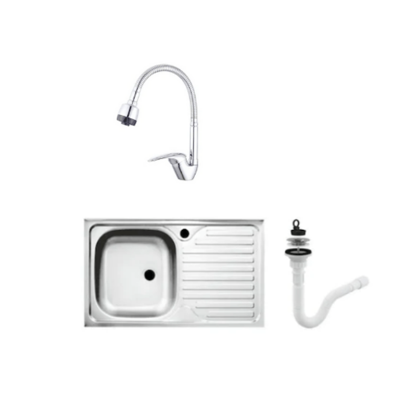 Casa si Gradina - Sanitare - Chiuveta bucatarie si accesorii - Chiuvete bucatarie - Set chiuveta masca, inox,cuva stanga, Raulconstruct, 80x50 cm, baterie lebada flexibila cu  sifon de scurgere - Infinity.ro