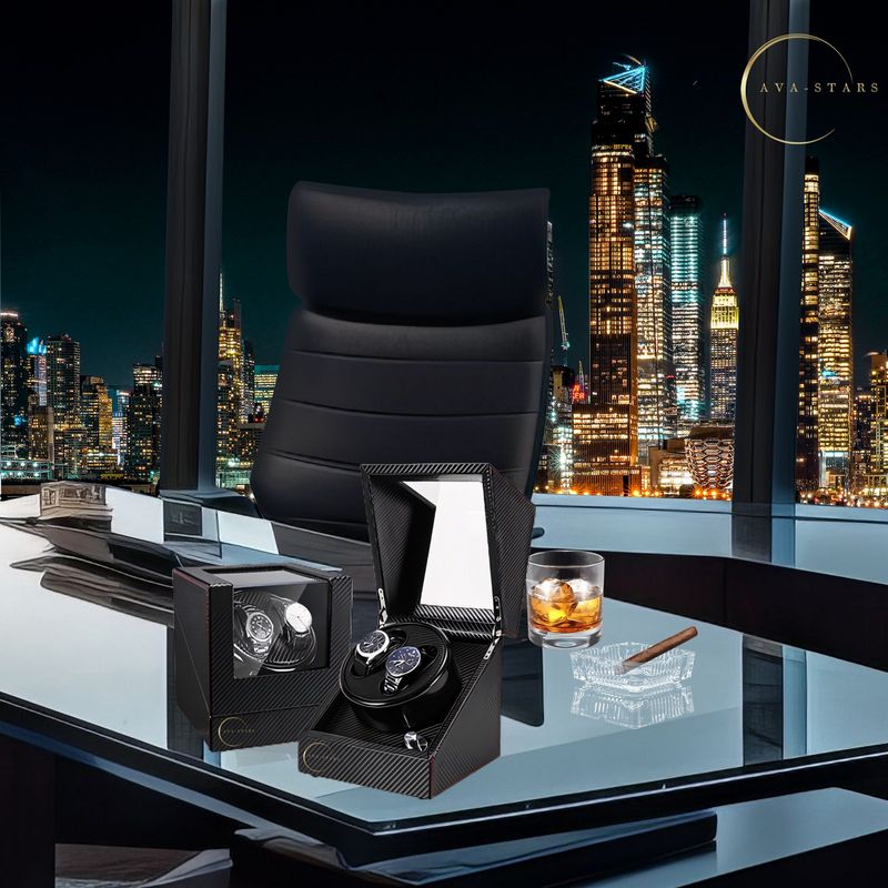 Fashion, accesorii si bijuterii - Barbati - Bijuterii barbati - Ceasuri barbati - Cutie de intors ceasuri automatice, watch winder 2, cu 4 moduri de rotatie, interior si exterior din piele, negru dungat - Infinity.ro