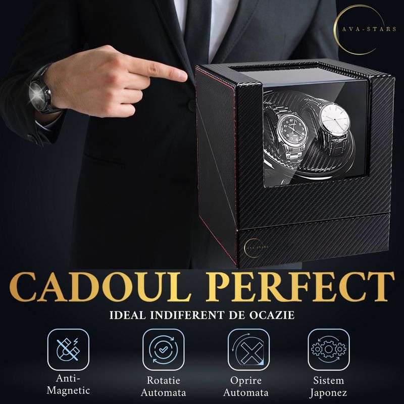 Fashion, accesorii si bijuterii - Barbati - Bijuterii barbati - Ceasuri barbati - Cutie de intors ceasuri automatice, watch winder 2, cu 4 moduri de rotatie, interior si exterior din piele, negru dungat - Infinity.ro