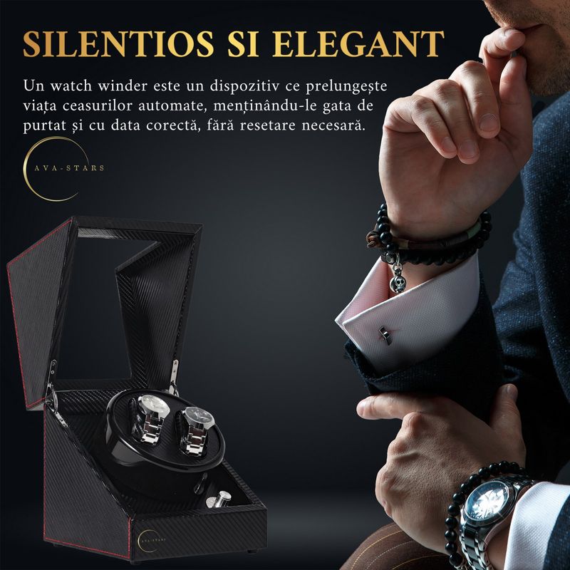 Fashion, accesorii si bijuterii - Barbati - Bijuterii barbati - Ceasuri barbati - Cutie de intors ceasuri automatice, watch winder 2, cu 4 moduri de rotatie, interior si exterior din piele, negru dungat - Infinity.ro
