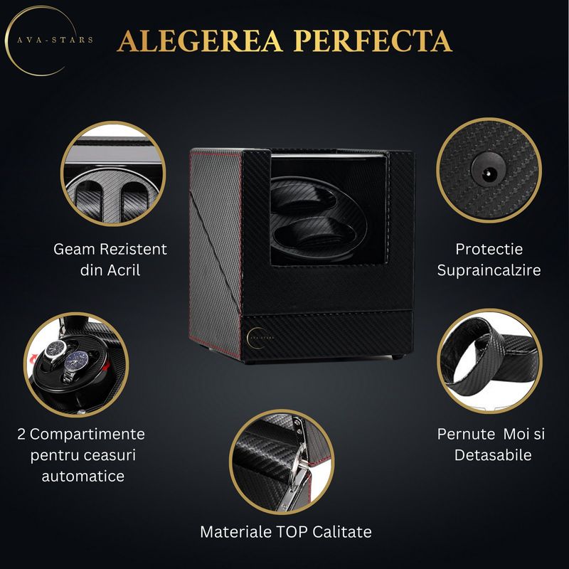 Fashion, accesorii si bijuterii - Barbati - Bijuterii barbati - Ceasuri barbati - Cutie de intors ceasuri automatice, watch winder 2, cu 4 moduri de rotatie, interior si exterior din piele, negru dungat - Infinity.ro