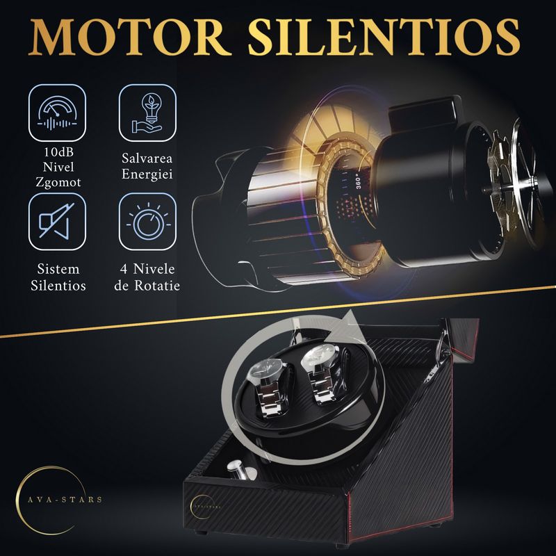 Fashion, accesorii si bijuterii - Barbati - Bijuterii barbati - Ceasuri barbati - Cutie de intors ceasuri automatice, watch winder 2, cu 4 moduri de rotatie, interior si exterior din piele, negru dungat - Infinity.ro