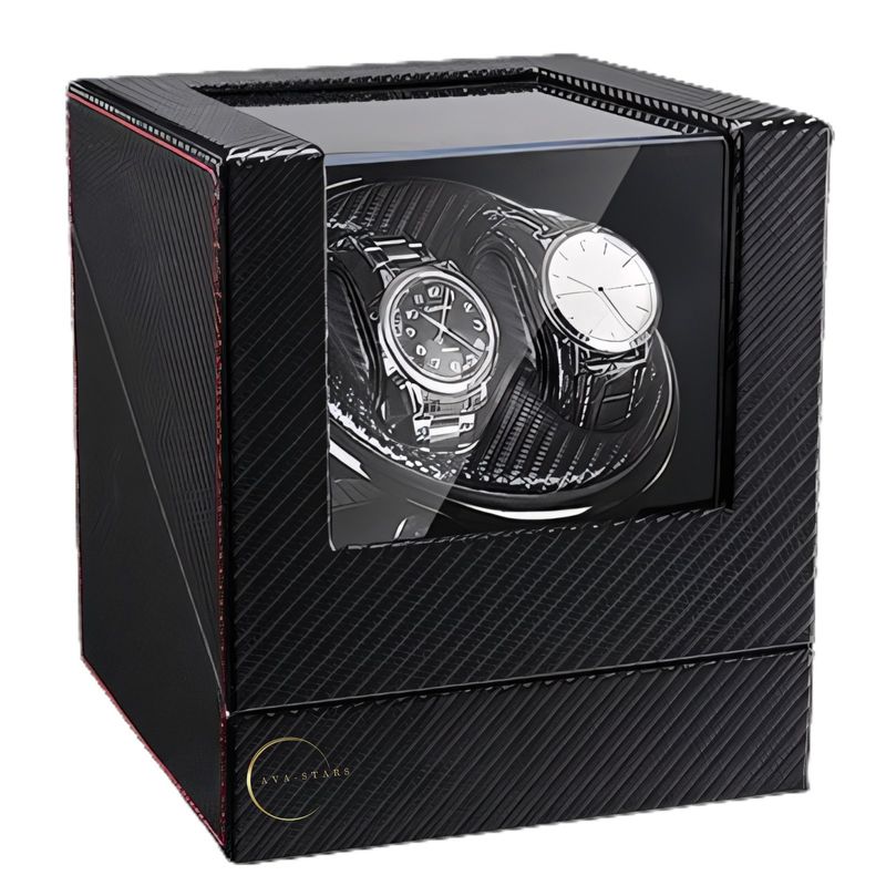 Fashion, accesorii si bijuterii - Barbati - Bijuterii barbati - Ceasuri barbati - Cutie de intors ceasuri automatice, watch winder 2, cu 4 moduri de rotatie, interior si exterior din piele, negru dungat - Infinity.ro