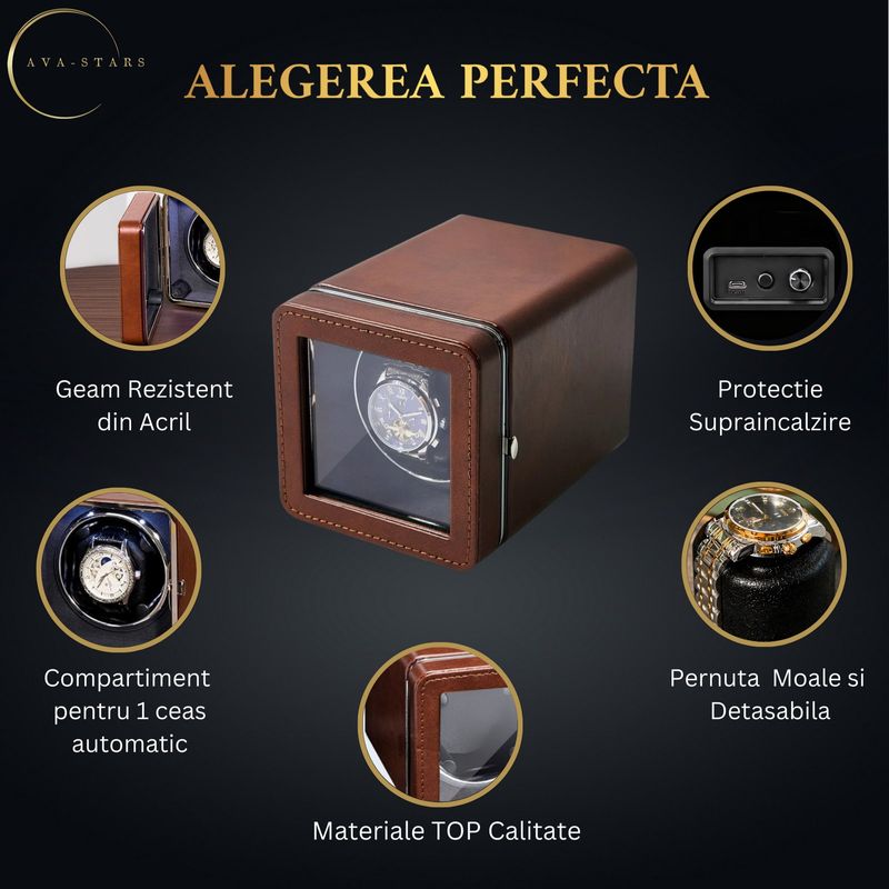 Fashion, accesorii si bijuterii - Barbati - Bijuterii barbati - Ceasuri barbati - Cutie ceas, Rotator pentru 1 ceas automatic, watch winder 1, Ava-Stars ®, exterior din piele, maro - Infinity.ro