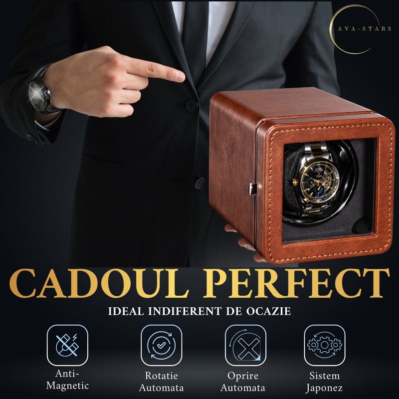 Fashion, accesorii si bijuterii - Barbati - Bijuterii barbati - Ceasuri barbati - Cutie ceas, Rotator pentru 1 ceas automatic, watch winder 1, Ava-Stars ®, exterior din piele, maro - Infinity.ro
