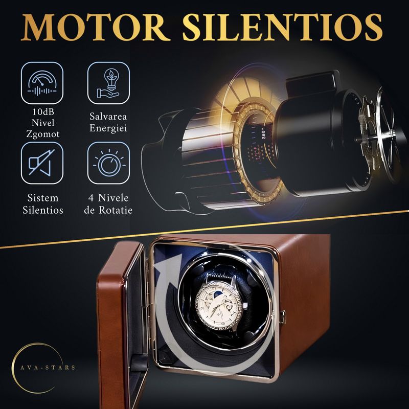Fashion, accesorii si bijuterii - Barbati - Bijuterii barbati - Ceasuri barbati - Cutie ceas, Rotator pentru 1 ceas automatic, watch winder 1, Ava-Stars ®, exterior din piele, maro - Infinity.ro