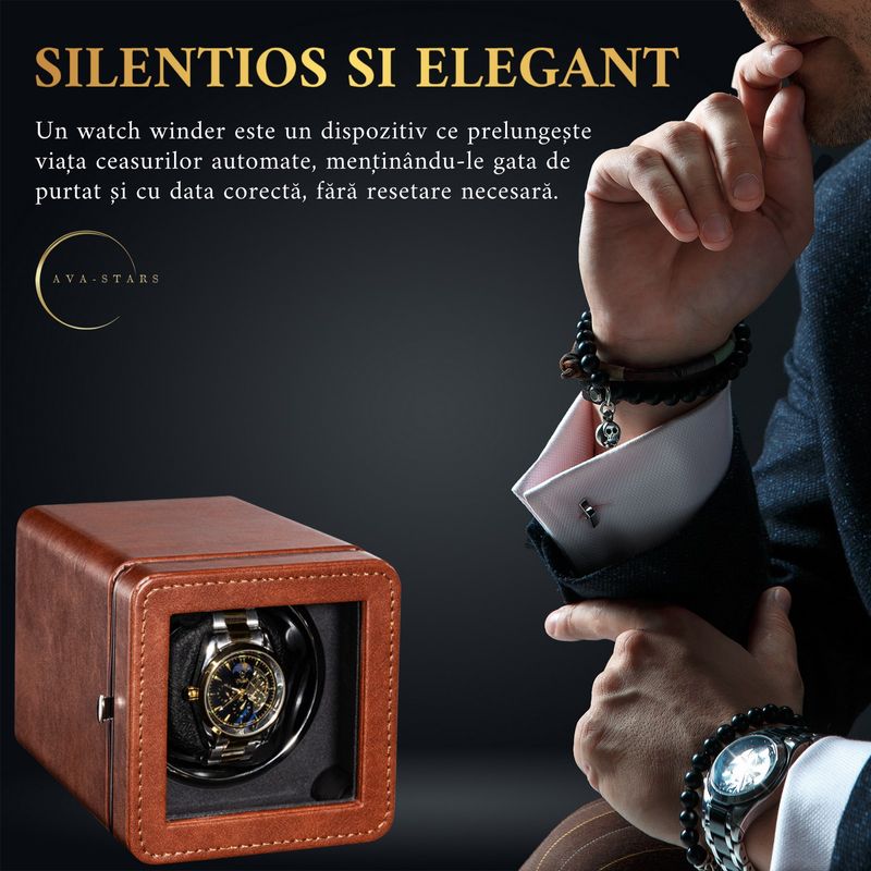 Fashion, accesorii si bijuterii - Barbati - Bijuterii barbati - Ceasuri barbati - Cutie ceas, Rotator pentru 1 ceas automatic, watch winder 1, Ava-Stars ®, exterior din piele, maro - Infinity.ro