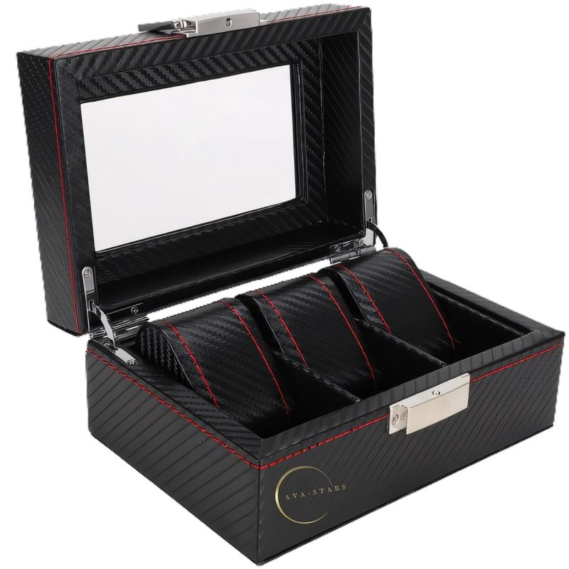 Fashion, accesorii si bijuterii - Barbati - Bijuterii barbati - Ceasuri barbati - Cutie depozitare pentru 3 ceasuri, Exterior din Fibra de Carbon, Geam transparent din Acril, 18x12x8cm, Negru - Infinity.ro