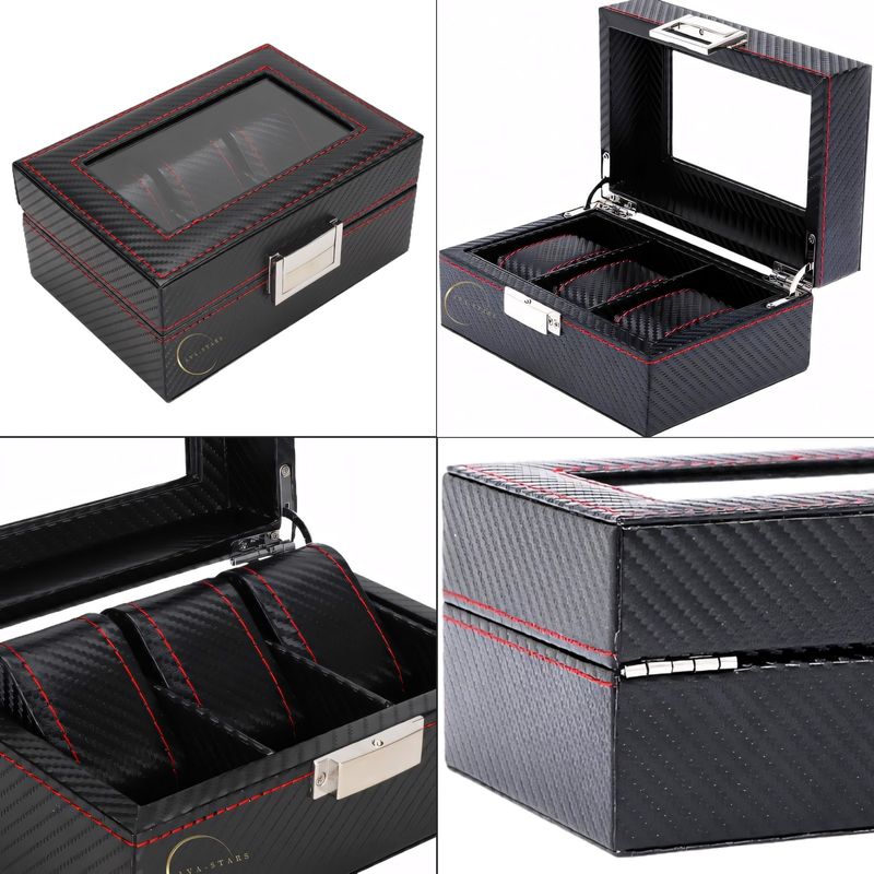 Fashion, accesorii si bijuterii - Barbati - Bijuterii barbati - Ceasuri barbati - Cutie depozitare pentru 3 ceasuri, Exterior din Fibra de Carbon, Geam transparent din Acril, 18x12x8cm, Negru - Infinity.ro