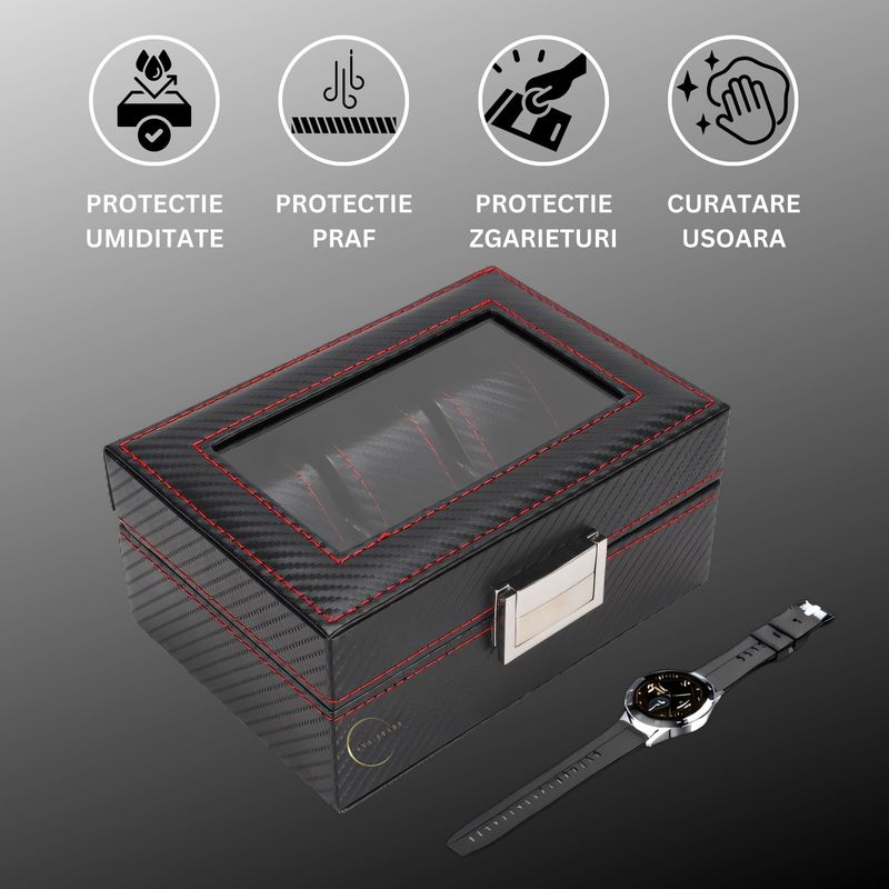 Fashion, accesorii si bijuterii - Barbati - Bijuterii barbati - Ceasuri barbati - Cutie depozitare pentru 3 ceasuri, Exterior din Fibra de Carbon, Geam transparent din Acril, 18x12x8cm, Negru - Infinity.ro