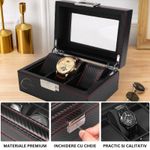 Fashion, accesorii si bijuterii - Barbati - Bijuterii barbati - Ceasuri barbati - Cutie depozitare pentru 3 ceasuri, Exterior din Fibra de Carbon, Geam transparent din Acril, 18x12x8cm, Negru - Infinity.ro