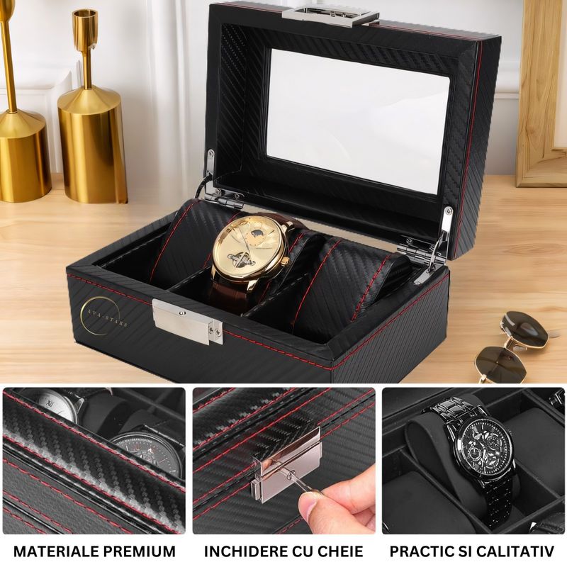 Fashion, accesorii si bijuterii - Barbati - Bijuterii barbati - Ceasuri barbati - Cutie depozitare pentru 3 ceasuri, Exterior din Fibra de Carbon, Geam transparent din Acril, 18x12x8cm, Negru - Infinity.ro