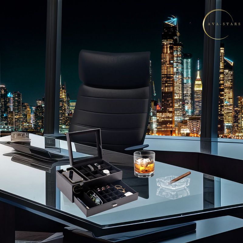 Fashion, accesorii si bijuterii - Barbati - Bijuterii barbati - Ceasuri barbati - Cutie pentru ceasuri, Exterior din Fibra de Carbon si Piele Ecologica, Geam transparent din Acril, 35x21x14cm, Negru - Infinity.ro