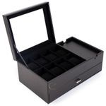 Fashion, accesorii si bijuterii - Barbati - Bijuterii barbati - Ceasuri barbati - Cutie pentru ceasuri, Exterior din Fibra de Carbon si Piele Ecologica, Geam transparent din Acril, 35x21x14cm, Negru - Infinity.ro