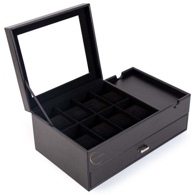 Fashion, accesorii si bijuterii - Barbati - Bijuterii barbati - Ceasuri barbati - Cutie pentru ceasuri, Exterior din Fibra de Carbon si Piele Ecologica, Geam transparent din Acril, 35x21x14cm, Negru - Infinity.ro