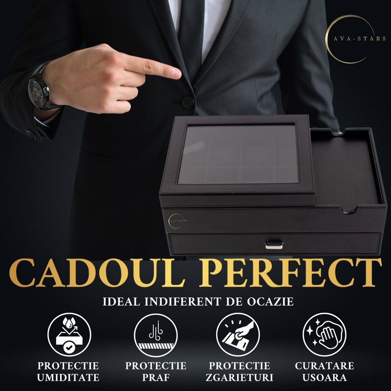 Fashion, accesorii si bijuterii - Barbati - Bijuterii barbati - Ceasuri barbati - Cutie pentru ceasuri, Exterior din Fibra de Carbon si Piele Ecologica, Geam transparent din Acril, 35x21x14cm, Negru - Infinity.ro