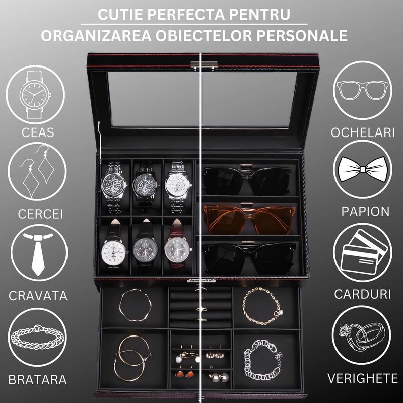 Fashion, accesorii si bijuterii - Barbati - Bijuterii barbati - Ceasuri barbati - Cutie pentru ceasuri, Caseta depozitare accesorii, Geam transparent din Acril, 33x20x13cm, Negru - Infinity.ro