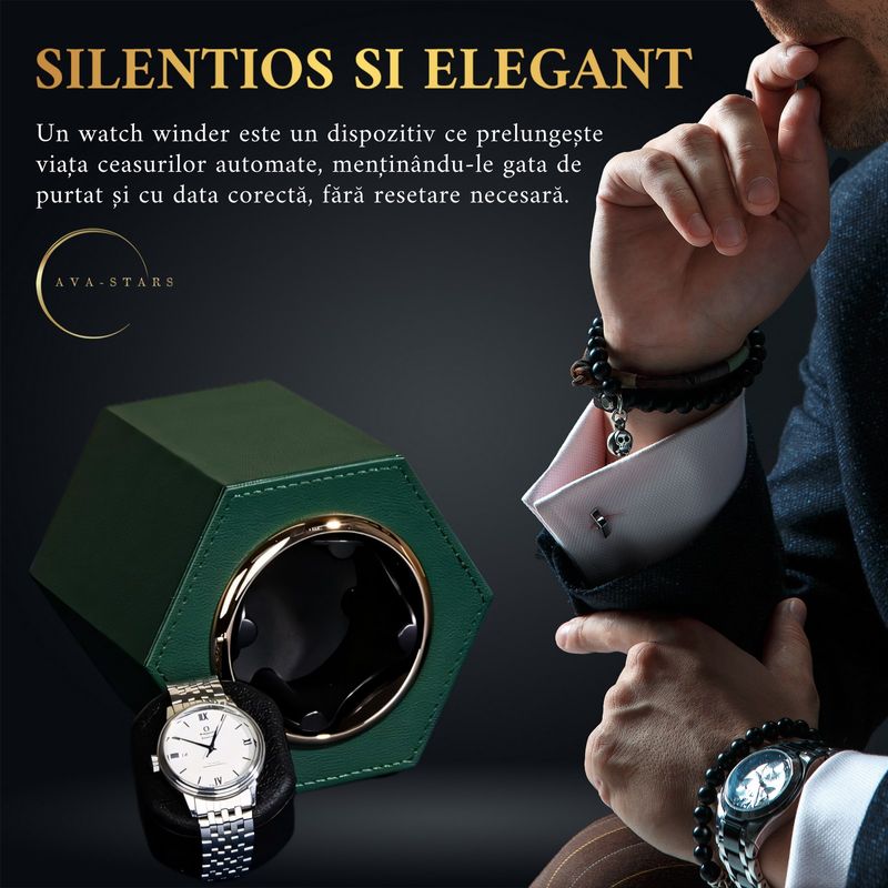 Fashion, accesorii si bijuterii - Barbati - Bijuterii barbati - Ceasuri barbati - Cutie intors ceas automatic, watch winder, Ava-Stars ®, Piele, Verde - Infinity.ro