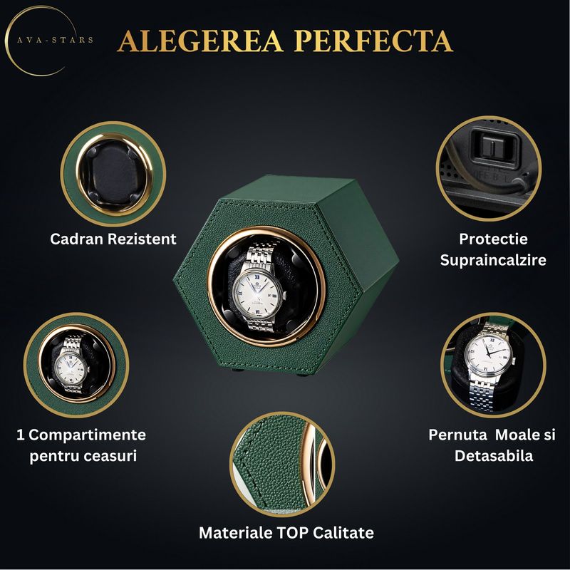 Fashion, accesorii si bijuterii - Barbati - Bijuterii barbati - Ceasuri barbati - Cutie intors ceas automatic, watch winder, Ava-Stars ®, Piele, Verde - Infinity.ro