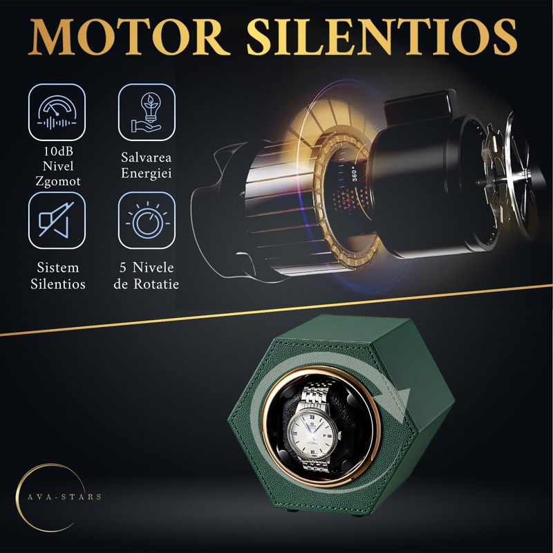 Fashion, accesorii si bijuterii - Barbati - Bijuterii barbati - Ceasuri barbati - Cutie intors ceas automatic, watch winder, Ava-Stars ®, Piele, Verde - Infinity.ro