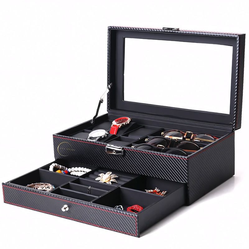 Fashion, accesorii si bijuterii - Barbati - Bijuterii barbati - Ceasuri barbati - Cutie pentru ceasuri, Caseta depozitare accesorii, Geam transparent din Acril, 33x20x13cm, Negru - Infinity.ro