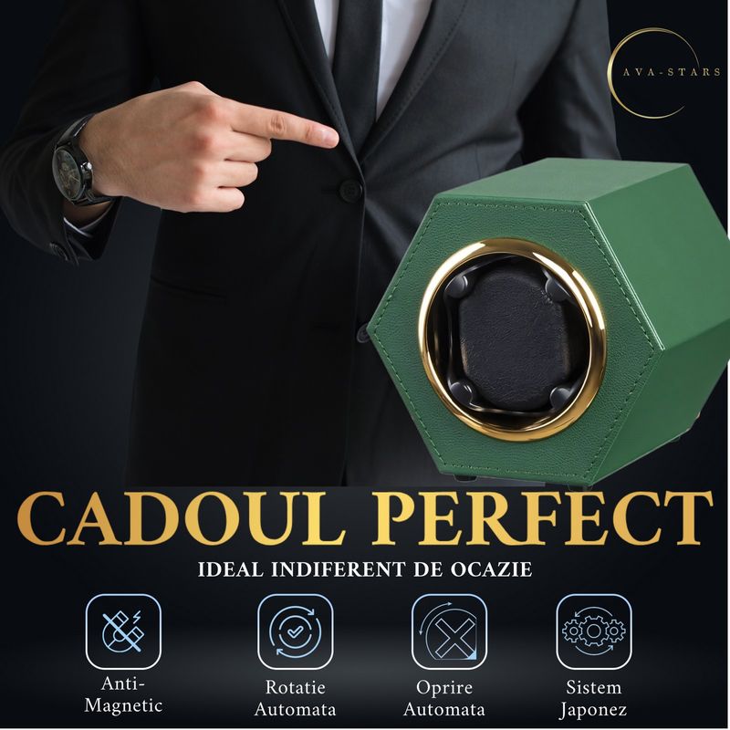 Fashion, accesorii si bijuterii - Barbati - Bijuterii barbati - Ceasuri barbati - Cutie intors ceas automatic, watch winder, Ava-Stars ®, Piele, Verde - Infinity.ro
