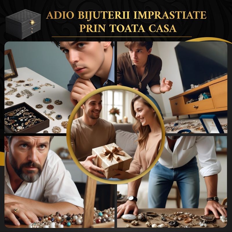 Fashion, accesorii si bijuterii - Femei - Bijuterii femei - Cutii bijuterii - Cutie bijuterii, organizator cu 3 nivele, spatiu depozitare accesorii, set 9 perechi cercei inclusi, catifea neagra - Infinity.ro