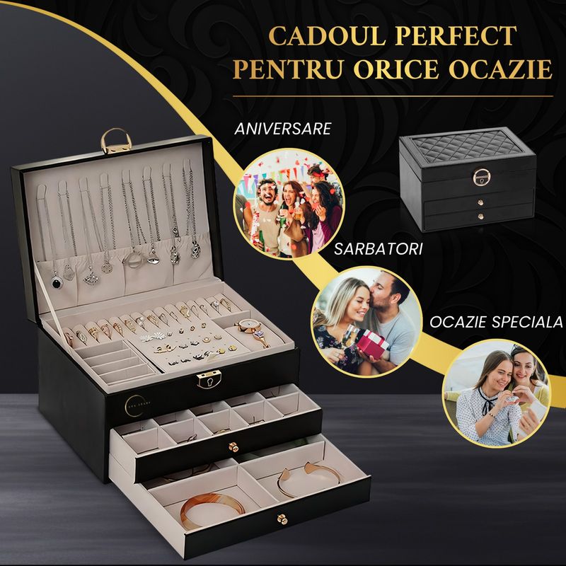Fashion, accesorii si bijuterii - Femei - Bijuterii femei - Cutii bijuterii - Cutie bijuterii, organizator cu 3 nivele, spatiu depozitare accesorii, set 9 perechi cercei inclusi, catifea neagra - Infinity.ro