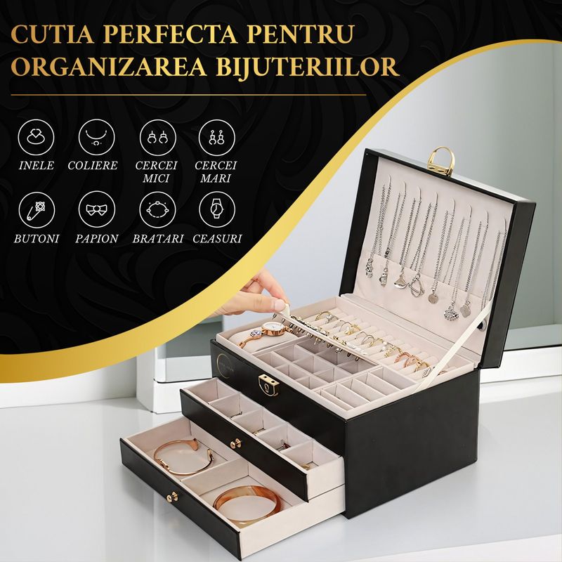 Fashion, accesorii si bijuterii - Femei - Bijuterii femei - Cutii bijuterii - Cutie bijuterii, organizator cu 3 nivele, spatiu depozitare accesorii, set 9 perechi cercei inclusi, catifea neagra - Infinity.ro