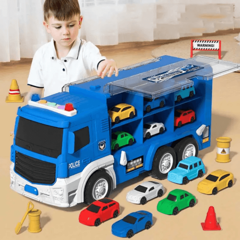 Jucarii, Copii si Bebe - Jucarii si jocuri - Vehicule si jucarii cu telecomanda - Utilaje constructie de jucarie - Set Camion de remorcare cu masini de Politie si parcare - Infinity.ro