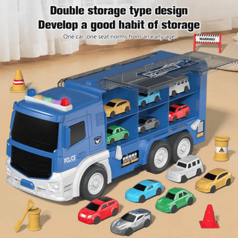 Jucarii, Copii si Bebe - Jucarii si jocuri - Vehicule si jucarii cu telecomanda - Utilaje constructie de jucarie - Set Camion de remorcare cu masini de Politie si parcare - Infinity.ro