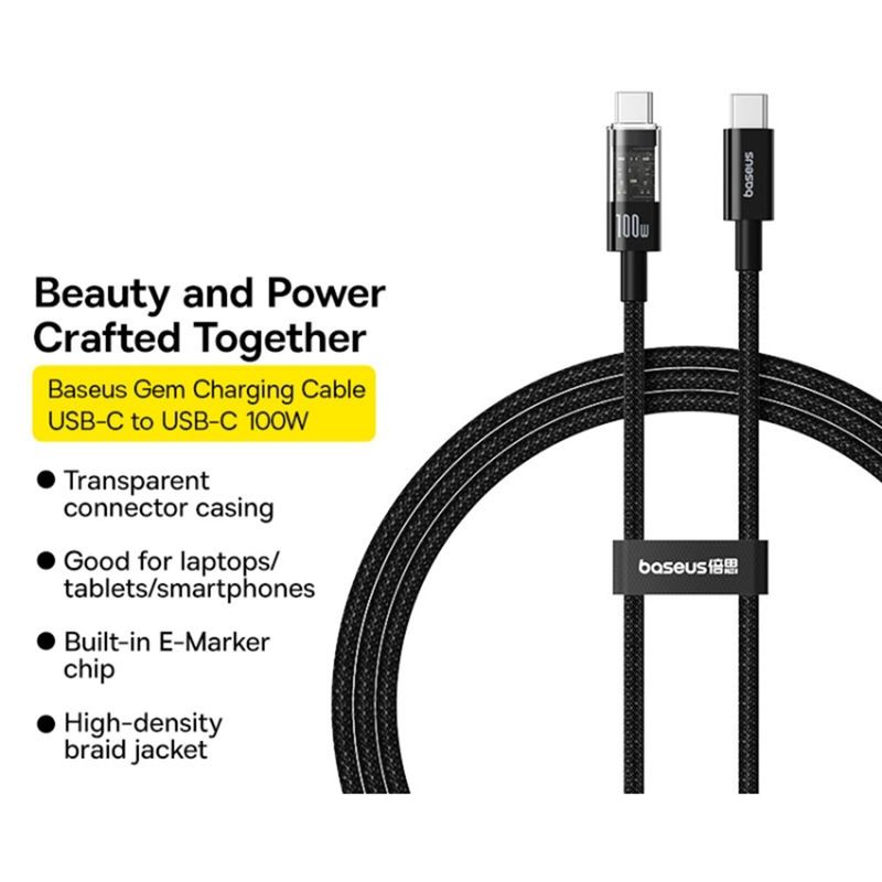 Laptop, Telefoane si Tablete - Telefoane mobile si accesorii - Accesorii Telefoane - Cabluri si adaptoare telefoane - Cablu USB-C la Type-C, Super Fast Charging 100W, 2m - Baseus Gem (P10373000111-01) - Negru - Infinity.ro