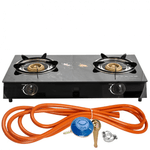 Sport si Outdoor - Camping - Bucatarie de camping - Arzatoare si accesorii - Aragaz din sticla securizata, 2 ochiuri, aprindere pe quartz + Kit reglabil gpl RH-10 + Tub flex 2M+2 Coliere - Infinity.ro