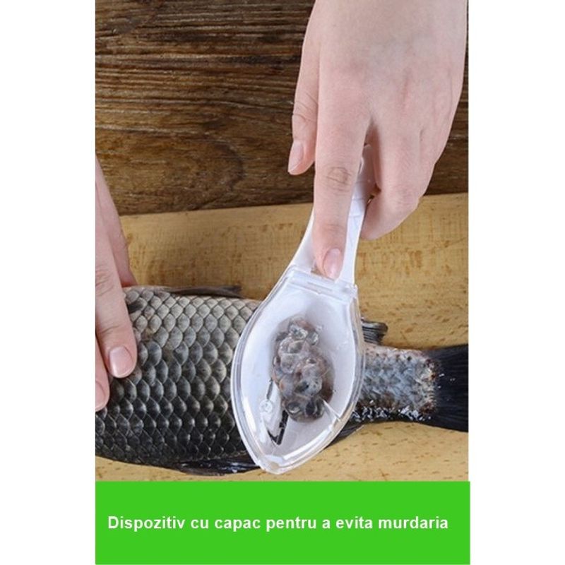 Casa si Gradina - Bucatarie si vesela - Ustensile bucatarie - Razatori si curatatoare - Curatator Manual Solzi de Peste, Flippy, Forma Peste , Recipient cu Capcac pentru Solzi, Plastic, Roz pal, 16x6 cm - Infinity.ro